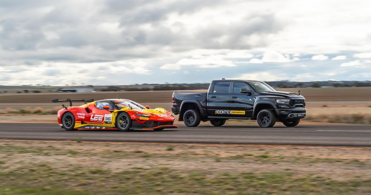 1200hp RAM TRX vs Ferrari 296 GT3 race automobile drag race